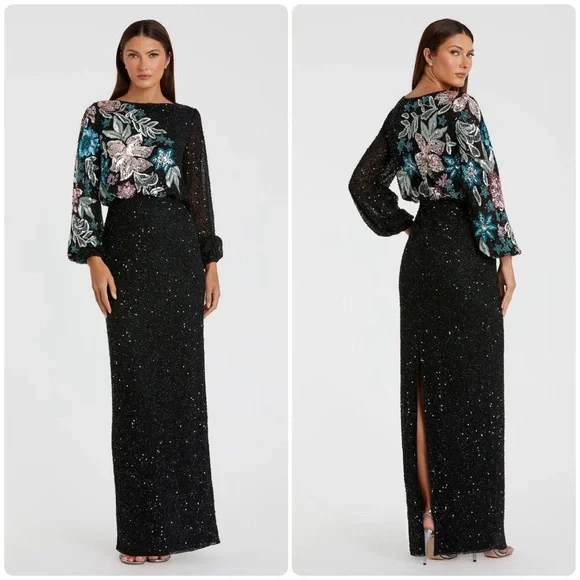 Mac Duggal 5615 size 12 floral embellished gown long blouson sleeves - Picture 1 of 12